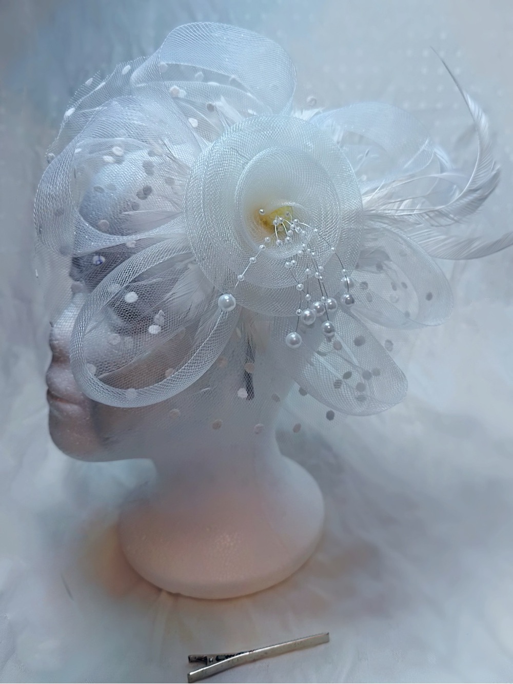 Pure White Tulle Flower Feather Pearl Fascinator Headband And Clip